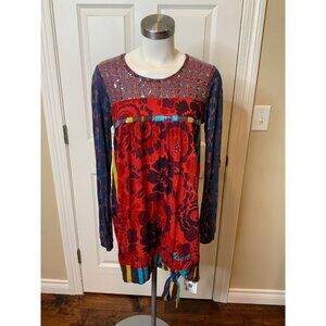 Desigual  Red Blue Floral Sequin Long Sleeve Mini T-Shirt Dress, Large
